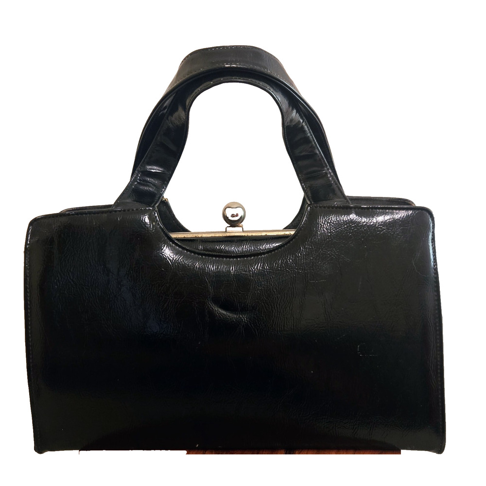 Vintage MOD 1960s A NATURALIZER HAND BAG PURSE Patent Suede Black - Picture 4 of 9